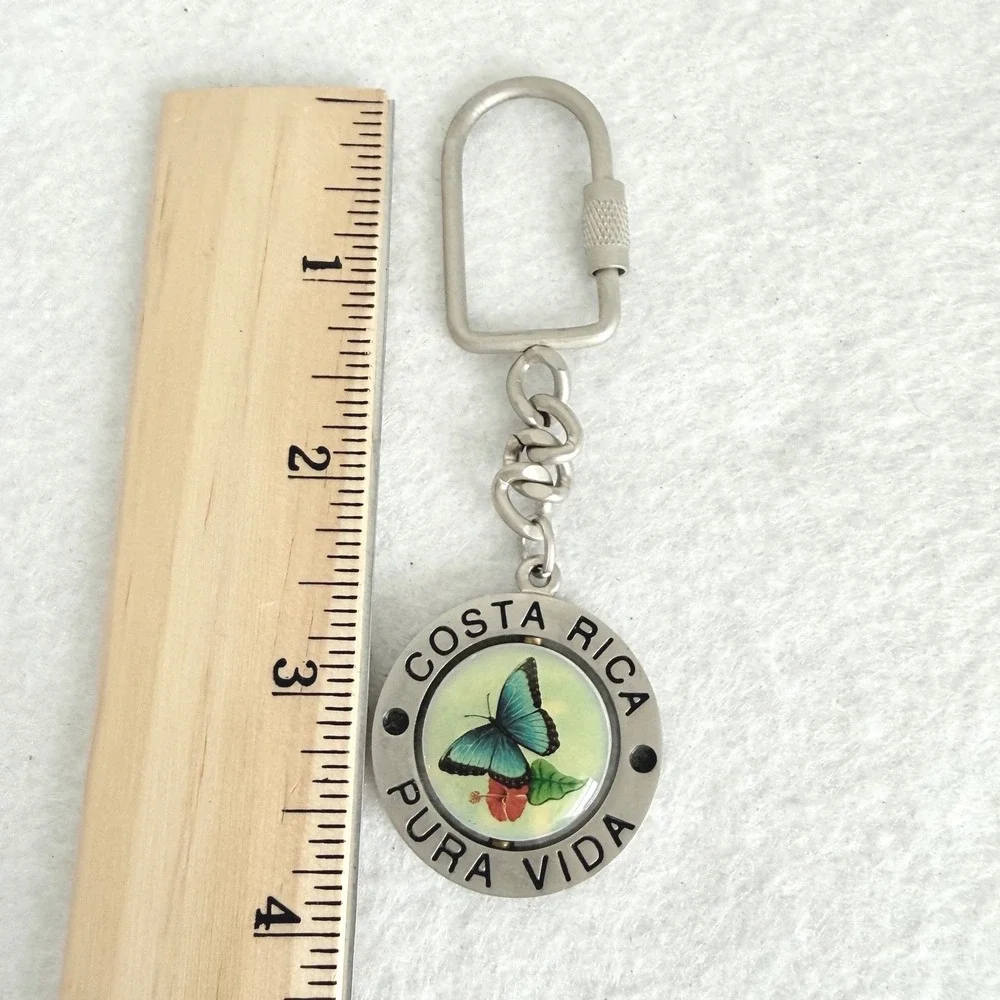 Costa Rica Pura Vida Keychain Adult OS Silver Blue Morpho Butterfly Spinning